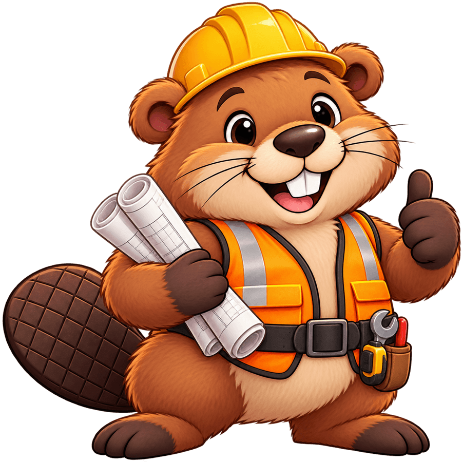 Jorge der Biber als Bauarbeiter mit Helm und Bauplan
